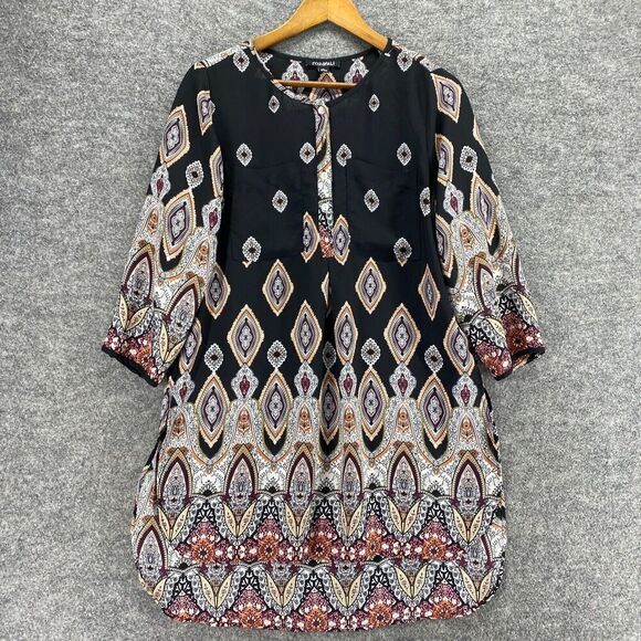 5/$45 Roz & Ali Dress Women M Medium Black Geometric Shift Short Crew Neck - Picture 3 of 9